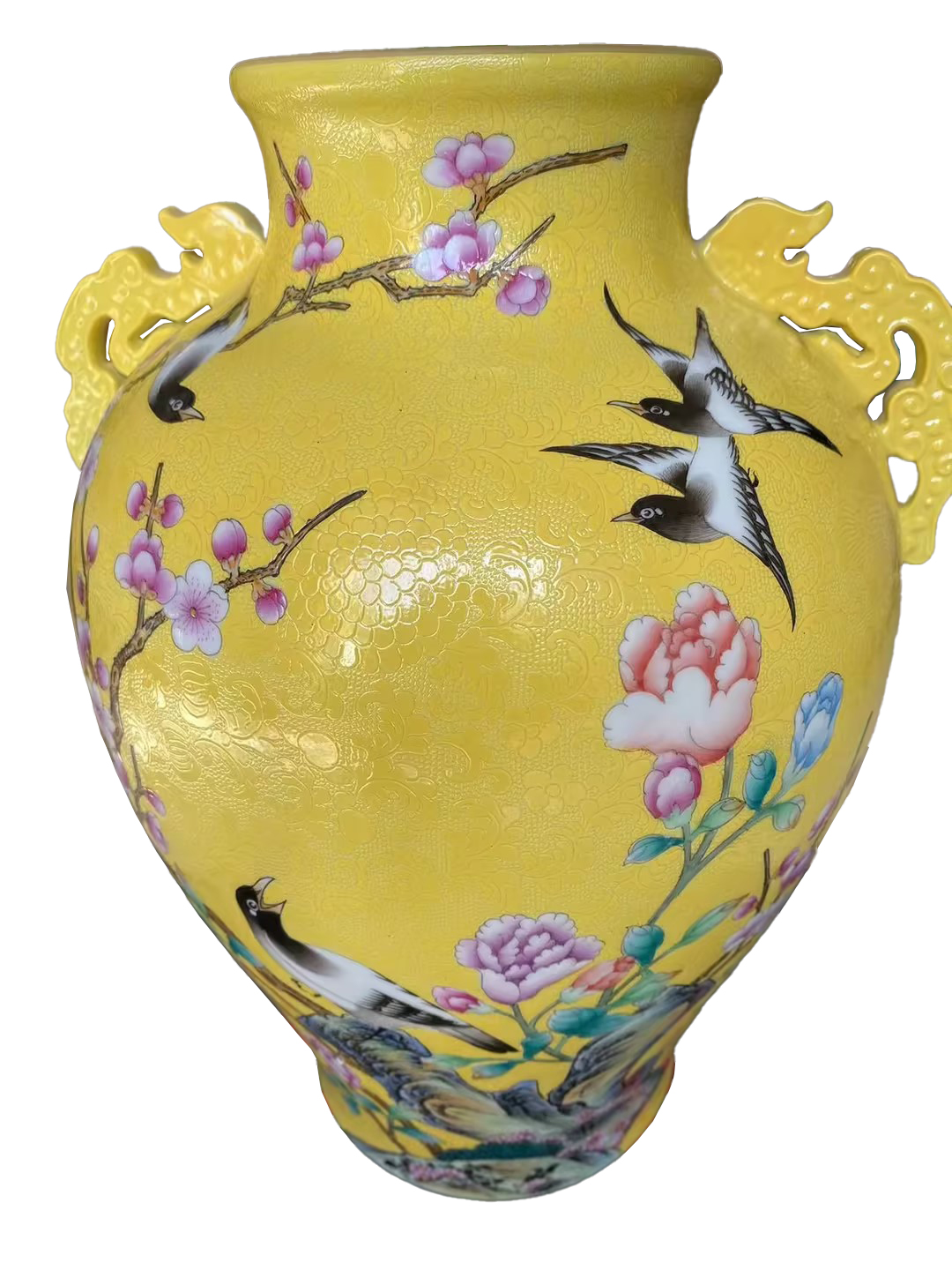 21156 李祖华  黄地粉彩轨道花鸟纹双耳尊.jpg